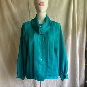 Vintage 1980s Electric Teal Pleated Button-Up Women's with Unique Collar S/M